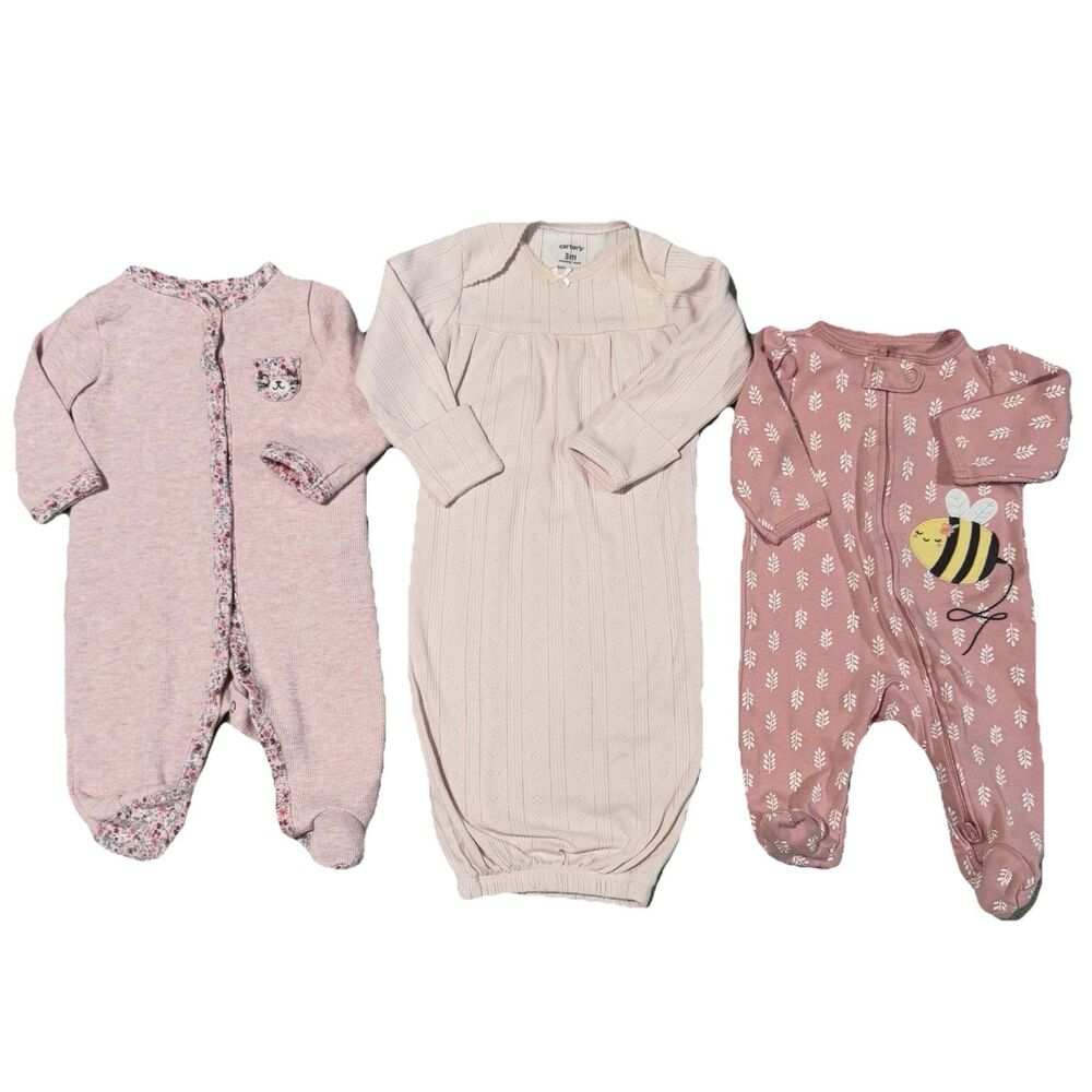 Carters Baby Girl's Pink Footie Pajama & Sleeper Gown Size 3M Lot Of 3 Bee EUC